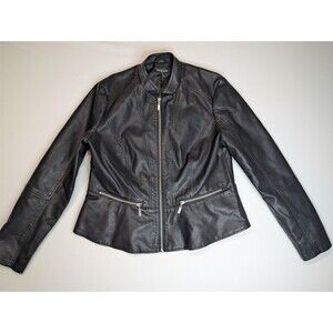 Baccini Women Med. Black Faux Leather Peplum Jacket Moto Zip Mandarin Collar